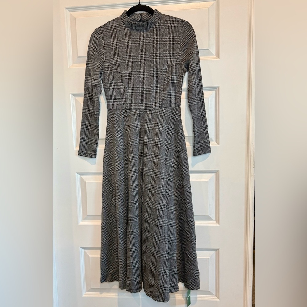 HALARA Elegant Houndstooth Plaid Long Sleeve MIDI Dress